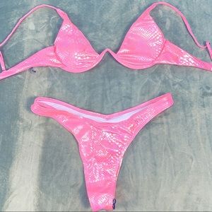pink iridescent crocodile print thong bikini